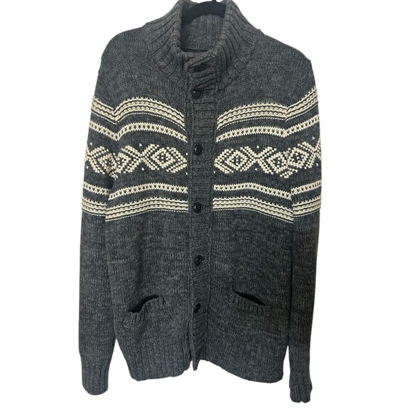 American Eagle Mens XL Wool Blend Aztec Fair Isle Gray Cardigan Sweater Heavy - Picture 1 of 6